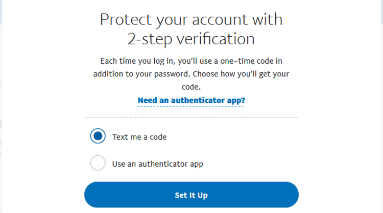 PayPal: выбор опции «Text me a code» на странице двухфакторной аутентификации