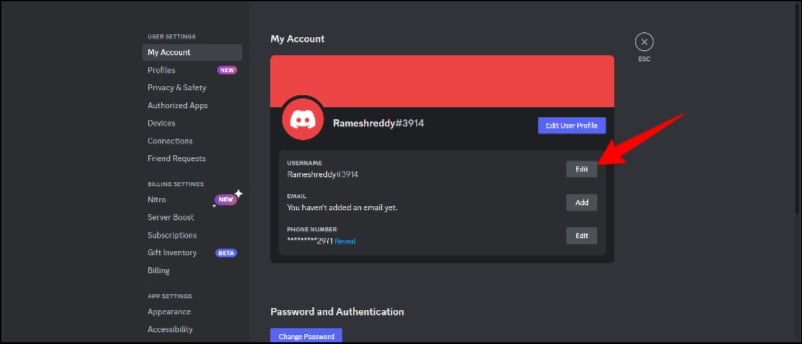 Раздел Мой аккаунт — кнопка Изменить рядом с Username