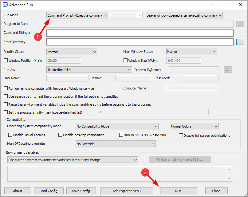 Скриншот режима Command Prompt в Advanced Run
