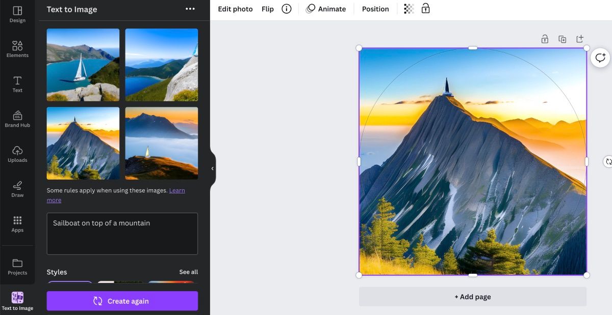 Пример генерации изображения: парусник на вершине горы, созданный инструментом Text to Image