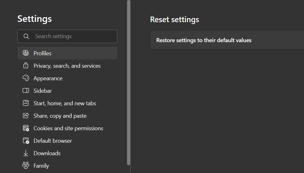 Опция сброса настроек в Edge