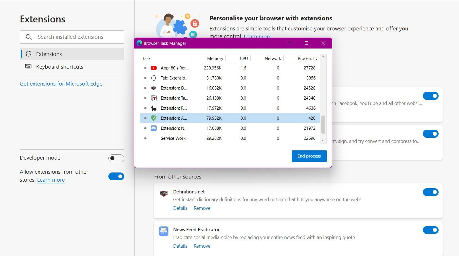 Страница расширений Edge и диспетчер задач браузера
