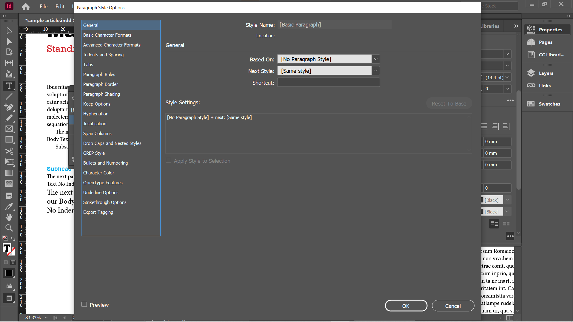 панель Paragraph Style Options