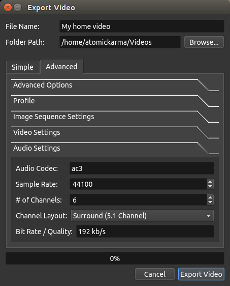 Окно экспорта в OpenShot 2.0
