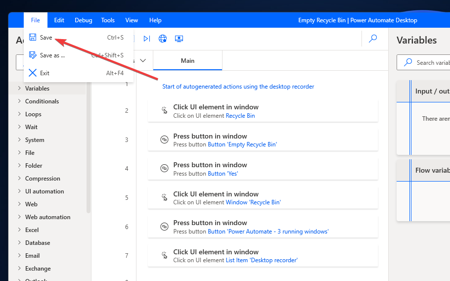 Меню File с опцией Save в Power Automate