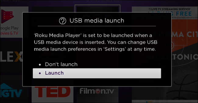 Окно обнаружения USB‑накопителя на Roku