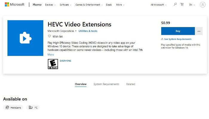 Официальное расширение HEVC в Microsoft Store