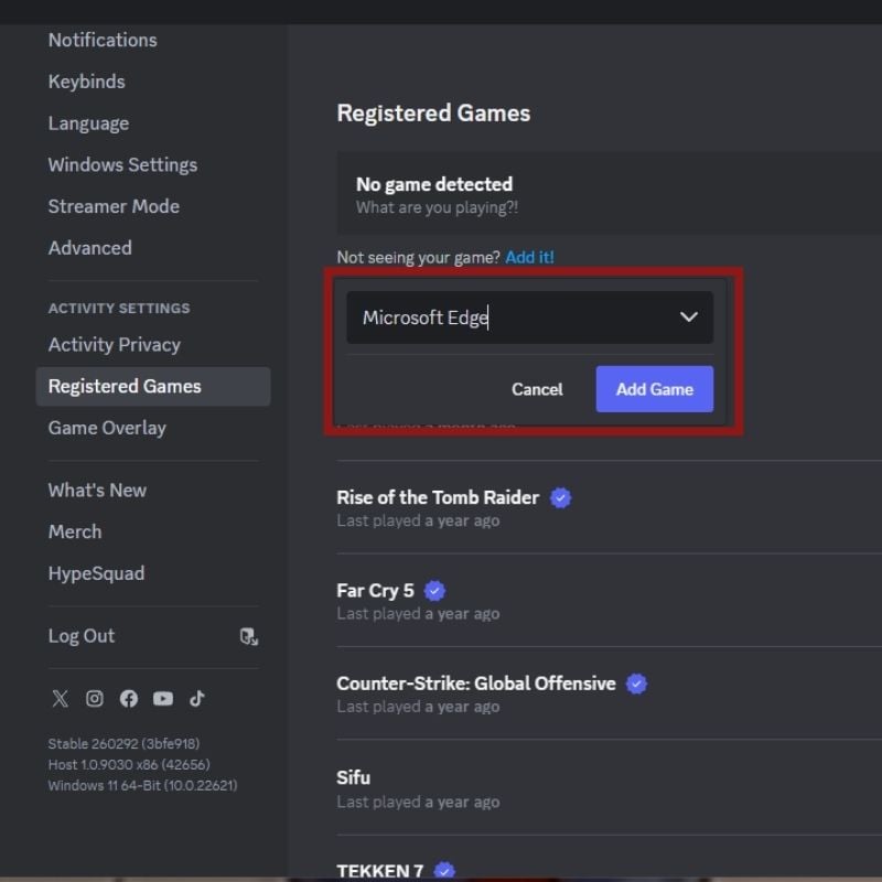 Добавление выбранного приложения или браузера в Discord