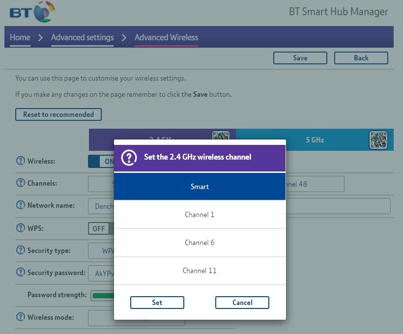 настройки 2.4 ГГц — выбор канала