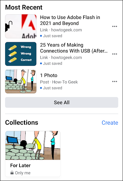 Список сохранённых элементов и коллекций в приложении