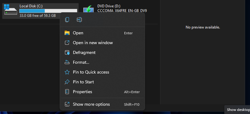 Пункт Дефрагментировать в контекстном меню диска