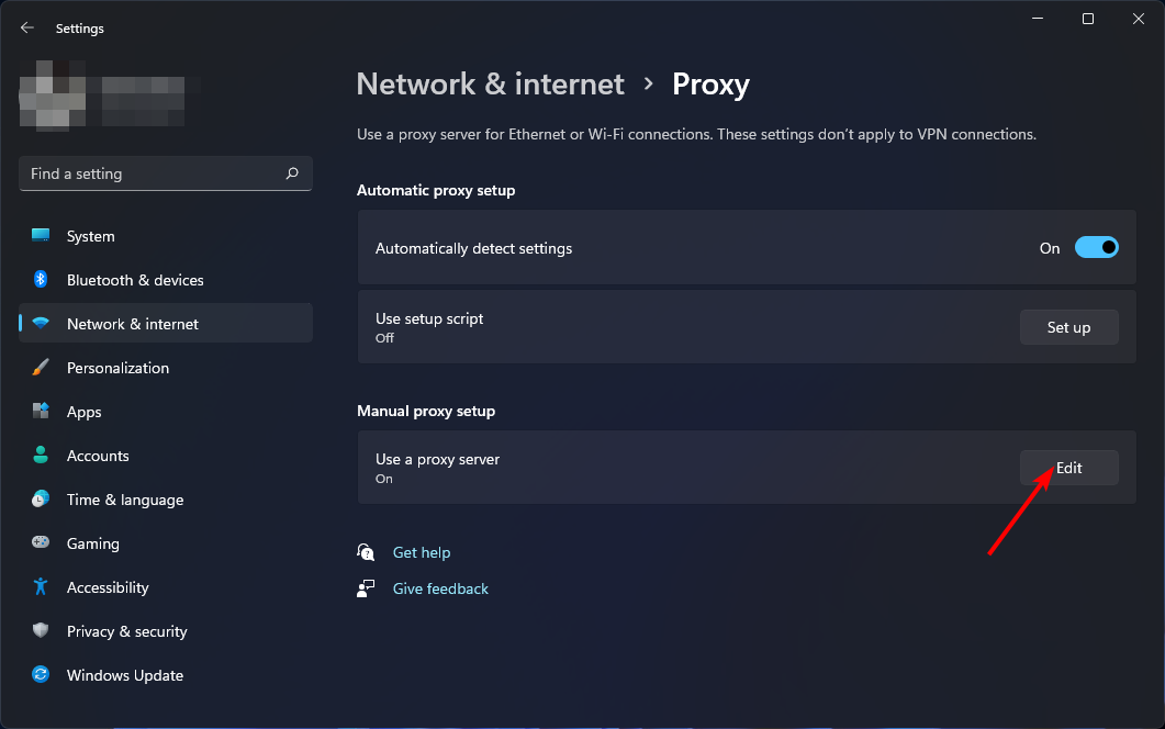 Редактирование параметров ручного прокси