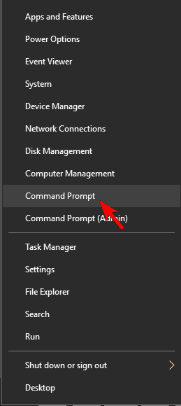 Win+X меню с выбором Command Prompt в Windows 10