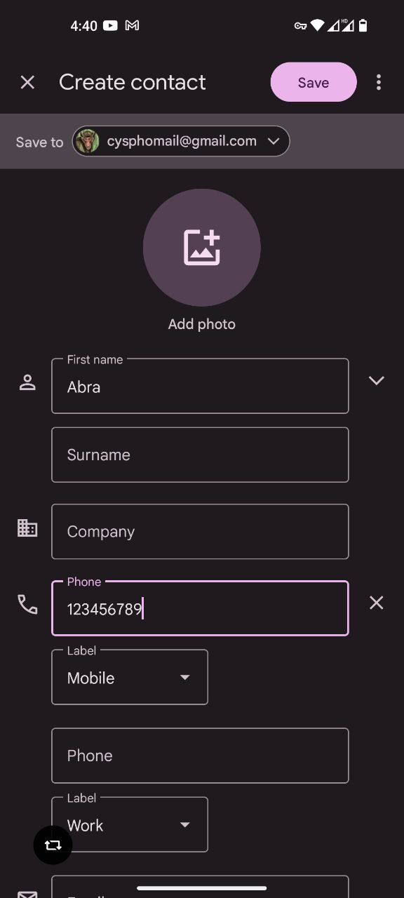 Создание нового контакта в приложении «Контакты»