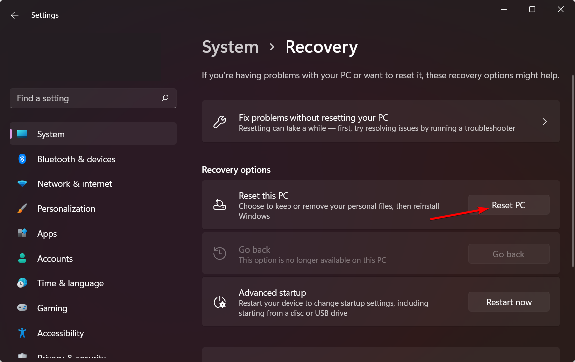 Кнопка Сбросить ПК в Windows 11