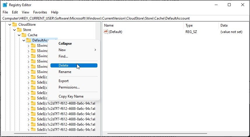 Удаление DefaultAccount в редакторе реестра — снимок окна редактора реестра