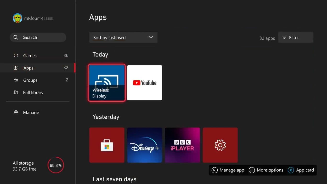 A screenshot of the Apps menu for Xbox Series X with the Wireless Display app highlighted