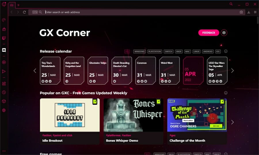 Интерфейс Opera GX, изображение браузера