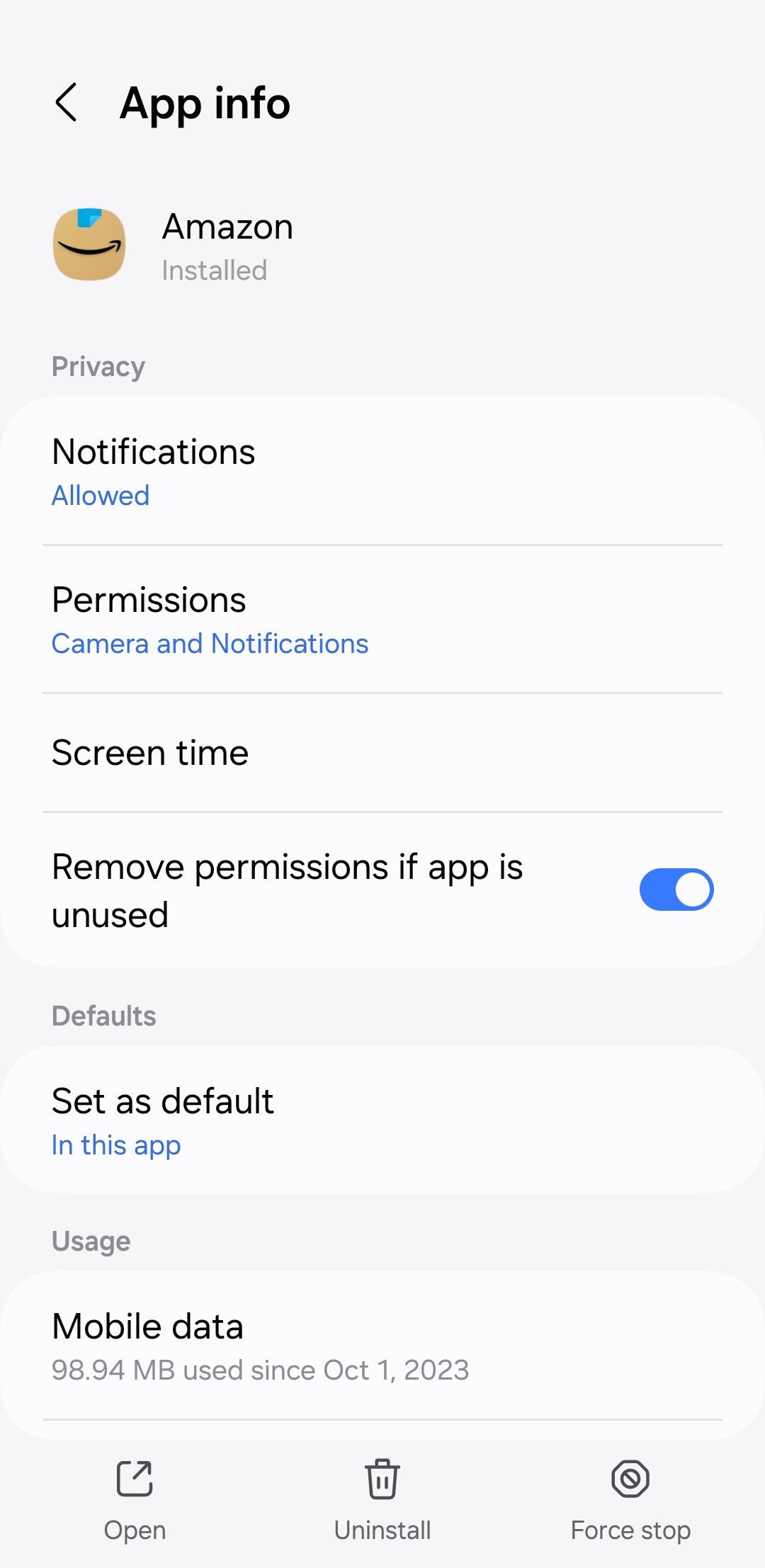 Страница сведений о приложении Amazon в Android