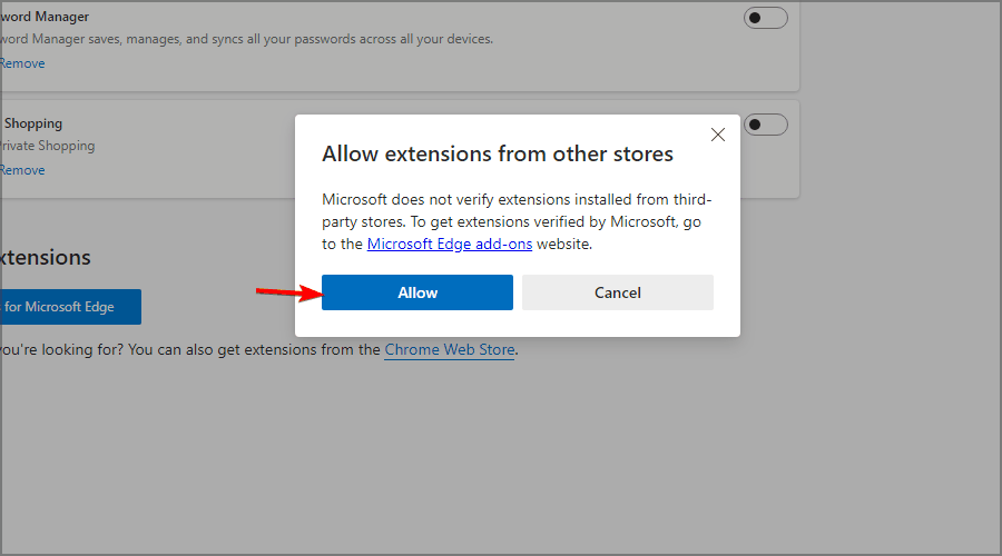 подтвердить разрешение установки расширений