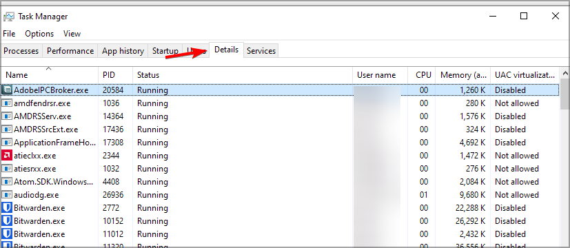 Вкладка Details в Диспетчере задач со списком процессов