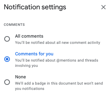 Параметры уведомлений для комментариев