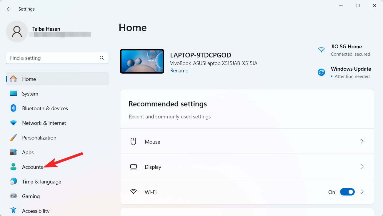 Раздел Accounts в настройках Windows