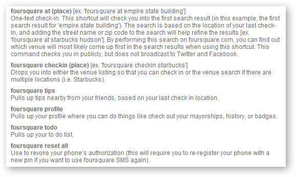 Справка по командам Foursquare, получаемая по SMS