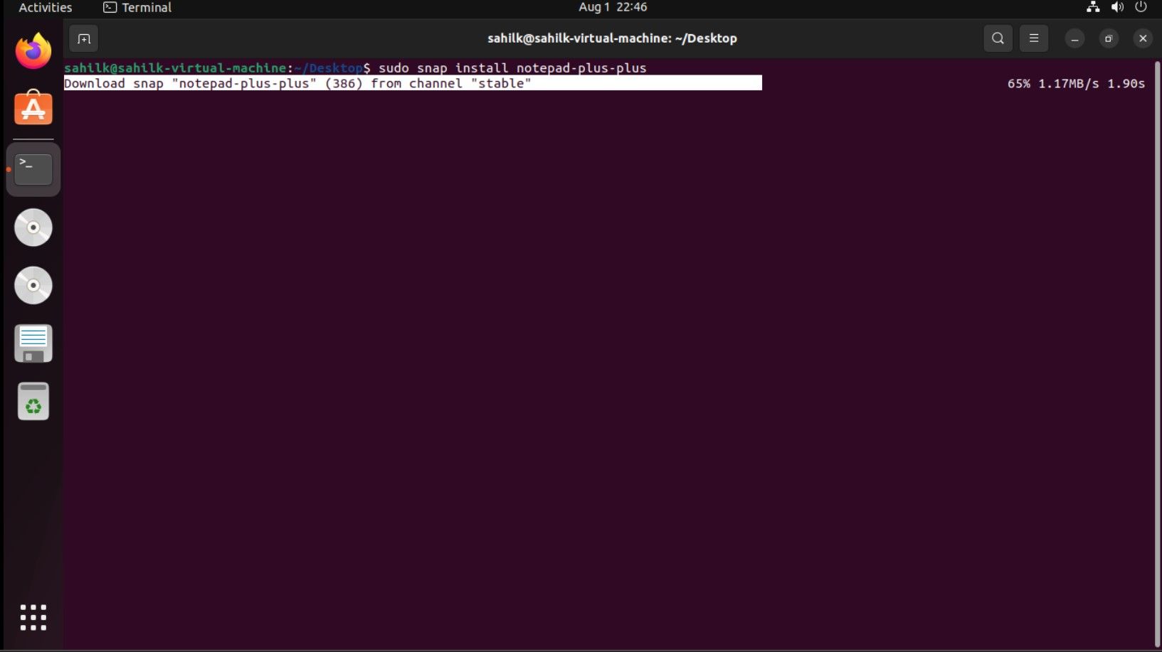 Скриншот терминала с установкой пакета через snap