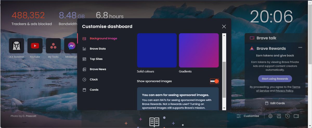 Выбор фонового изображения Brave на компьютере