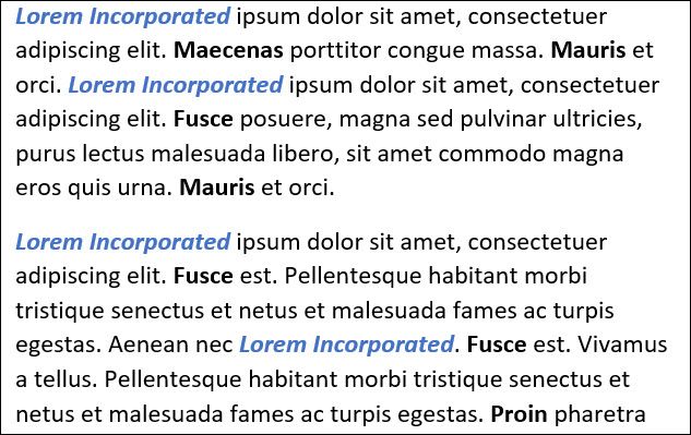 Пример: выделение названия компании 'Lorem Incorporated' в документе