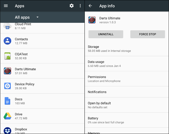 Скриншот экрана списка разрешений Android