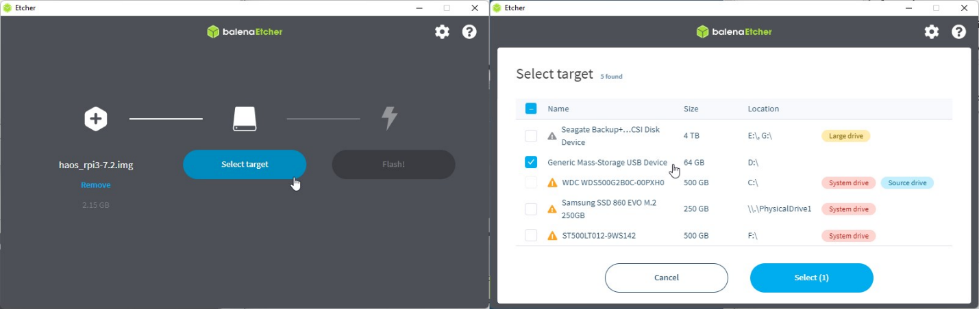 select usb drive target