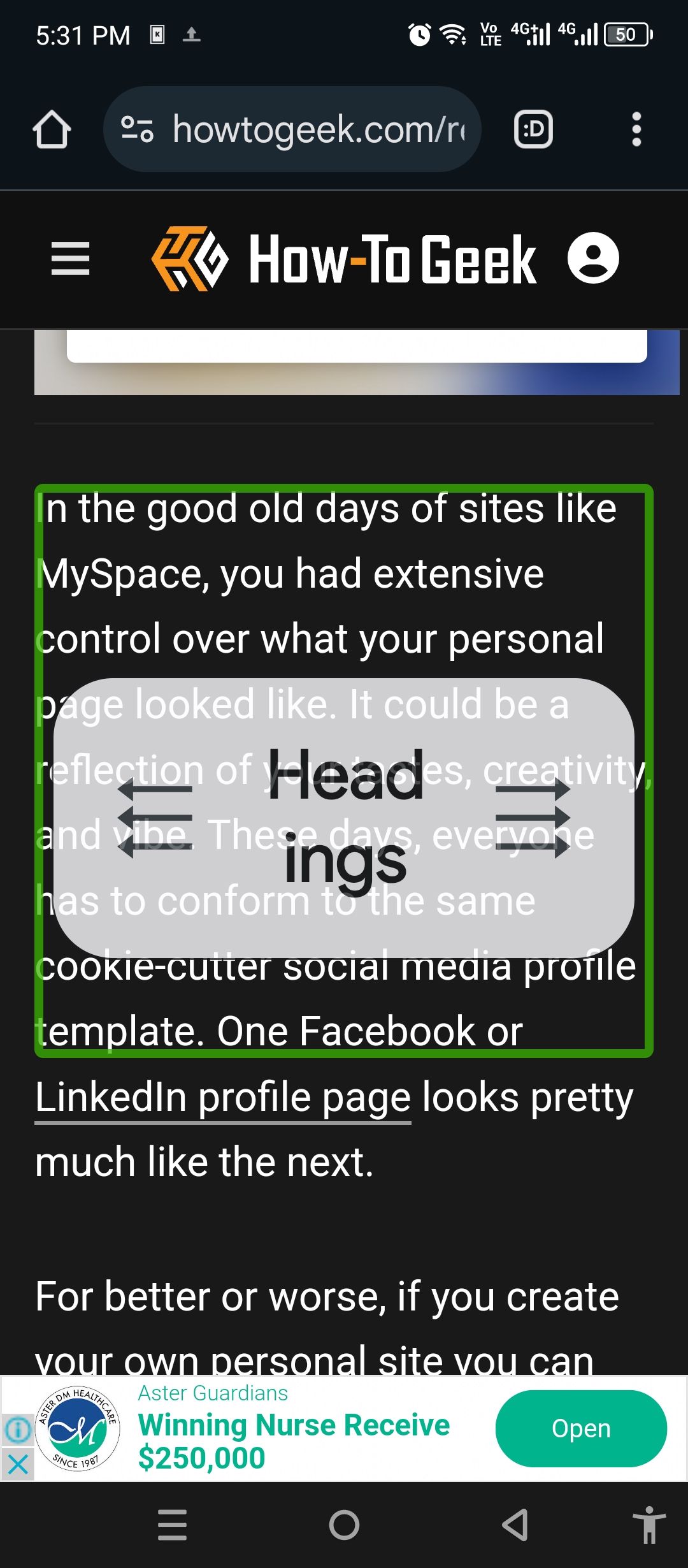 Использование TalkBack в режиме заголовков.
