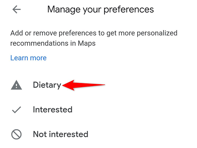 Выберите раздел «Питание» на странице «Управление предпочтениями» в Google Maps.