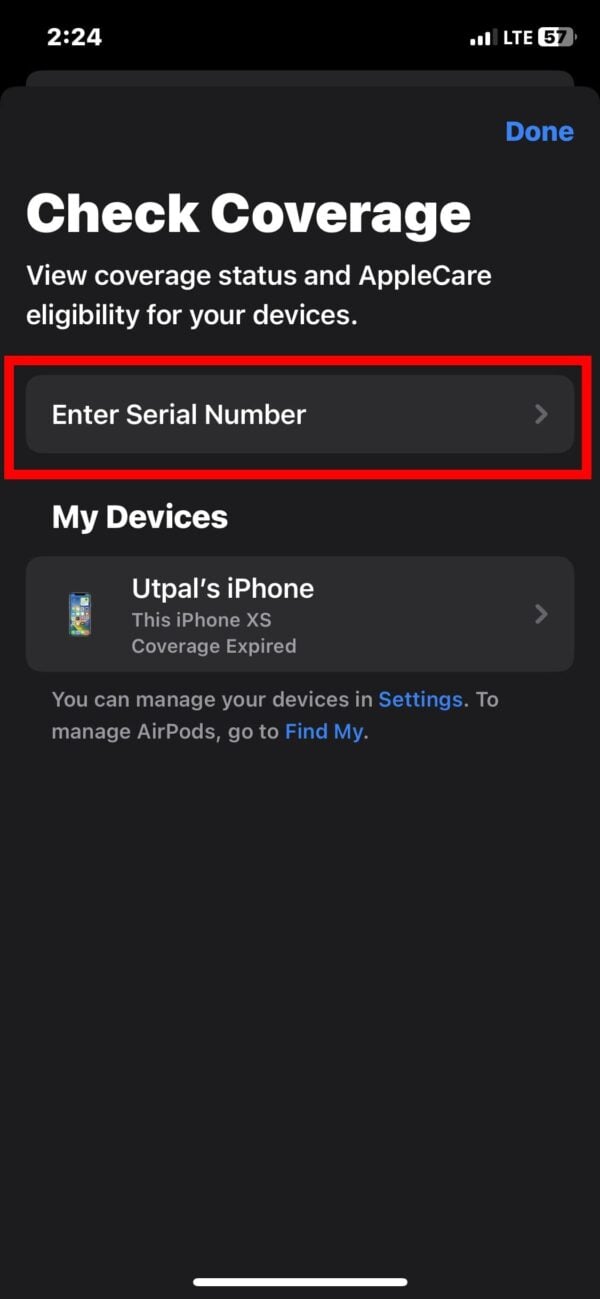 Поле для ввода серийного номера в приложении Apple Support