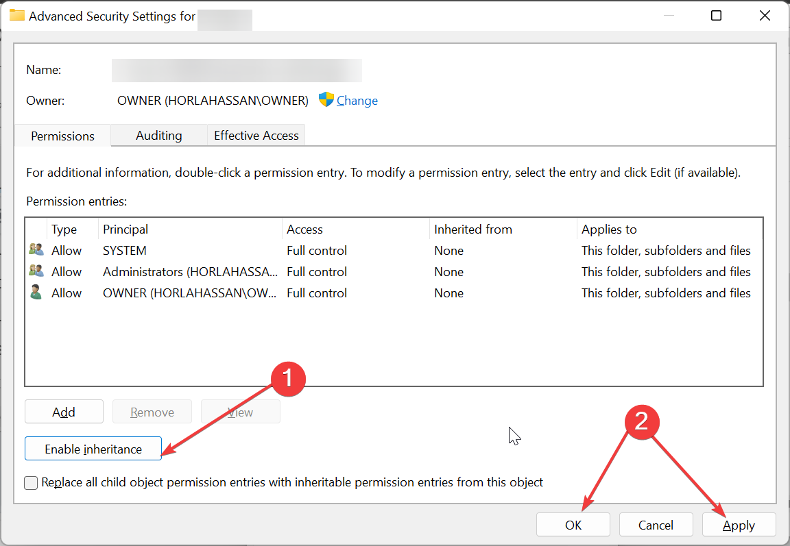 Кнопка 'Включить наследование' в расширенных параметрах безопасности