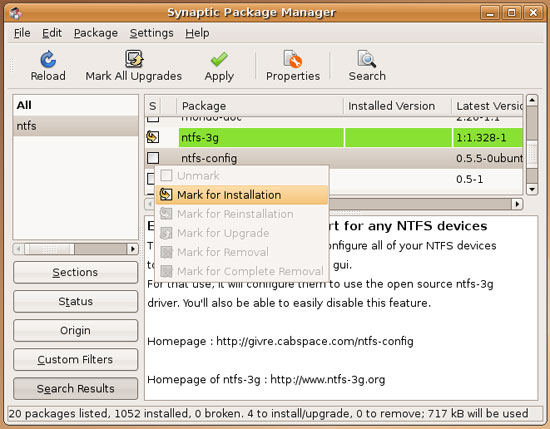 Отметить ntfs-config для установки
