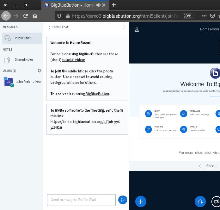 Чат BigBlueButton с ссылками на обучающие видео