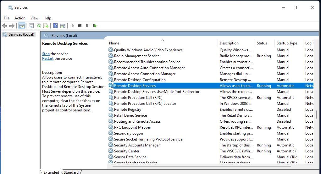 Окно служб с выделенной Remote Desktop Services