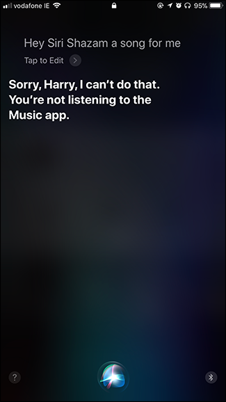 Информация о невозможности использовать Shazam через Siri без приложения Музыка