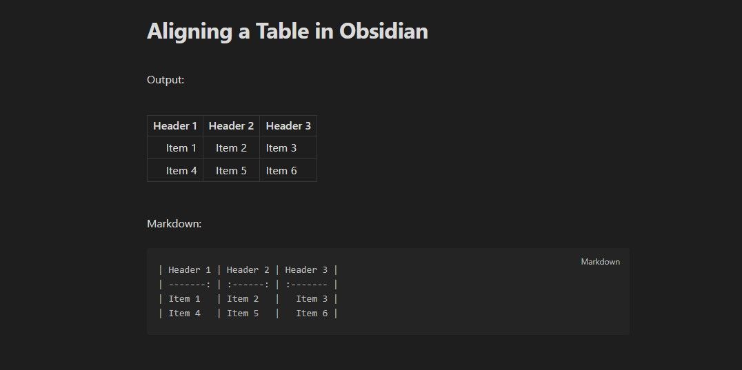 Выравнивание таблицы в Obsidian
