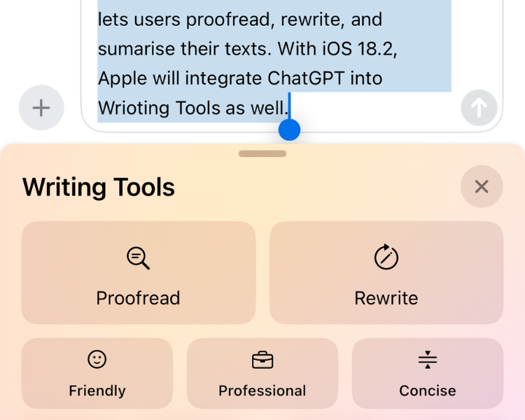 Скриншот меню Writing Tools на iOS 18.1.
