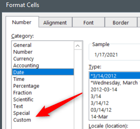 Выбор категории «Настраиваемый» в диалоге Формат ячеек
