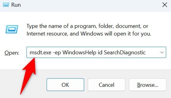 Команда msdt.exe -ep WindowsHelp id SearchDiagnostic введена в окно Выполнить