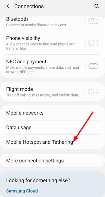 Пункт Mobile Hotspot and Tethering в настройках