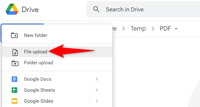 Выберите New > File Upload в Google Drive.