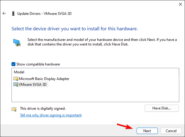Скриншот: выбор драйвера и кнопка «Далее»