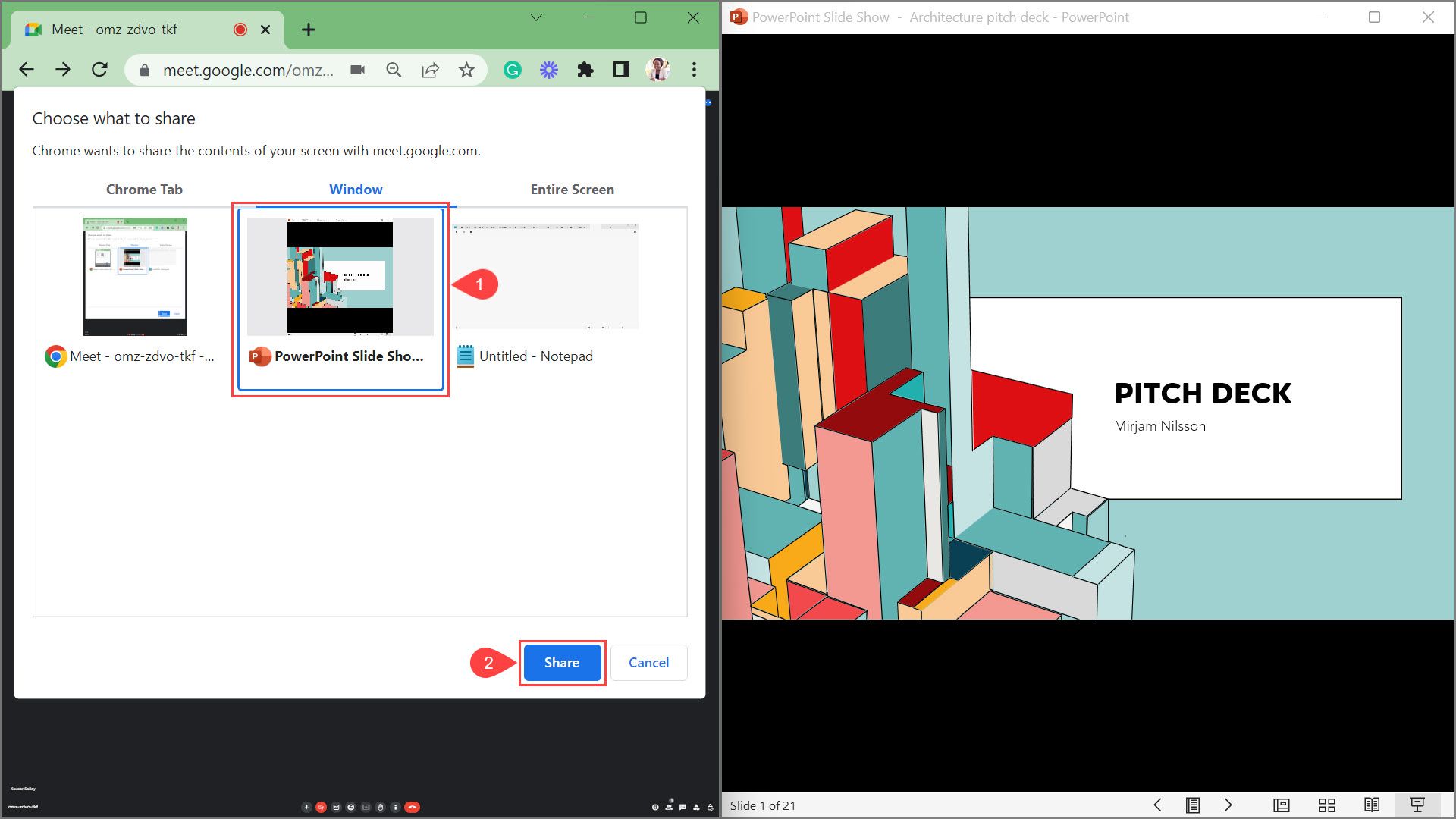 Выберите окно PowerPoint и нажмите Поделиться