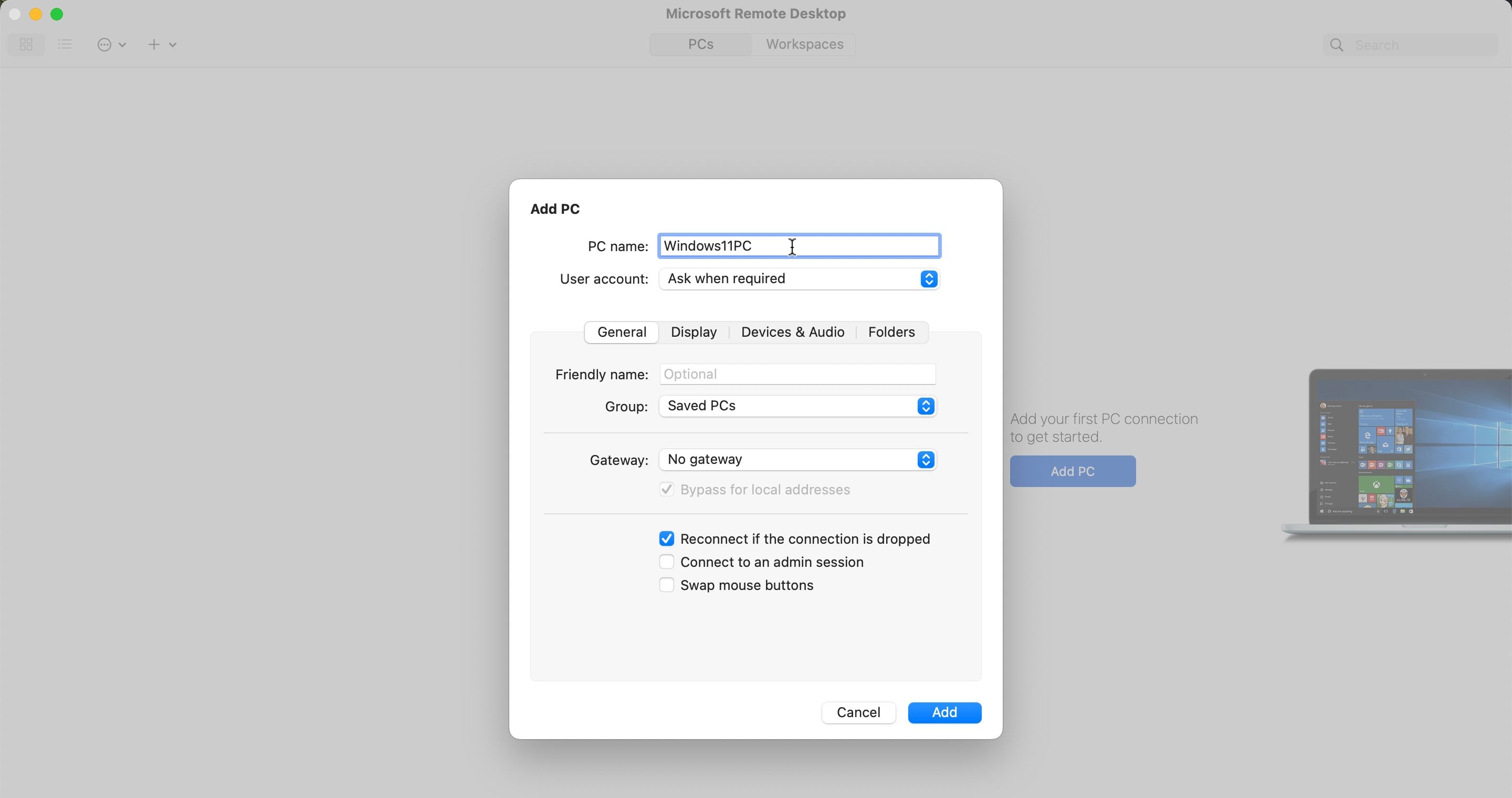 add pc in remote desktop